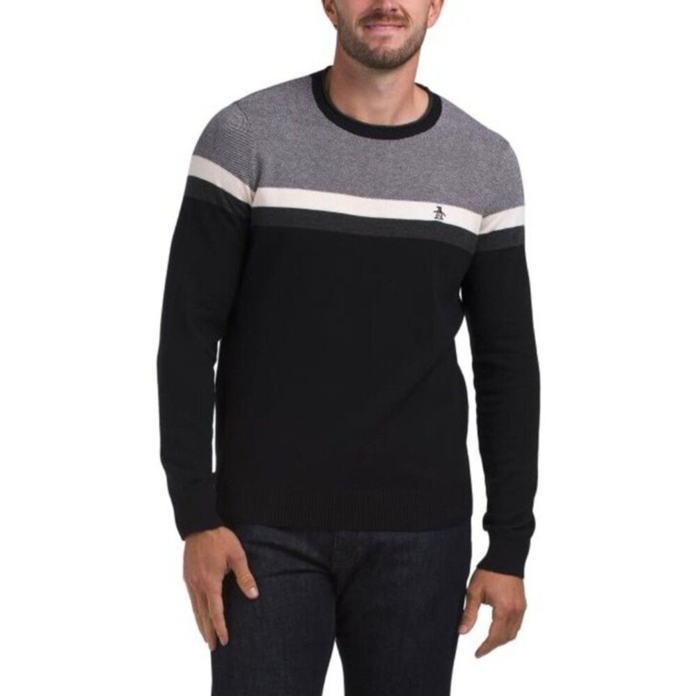 Original Penguin Sweater Mens Large Black Gray Stripe Crewneck Pullover Retro L